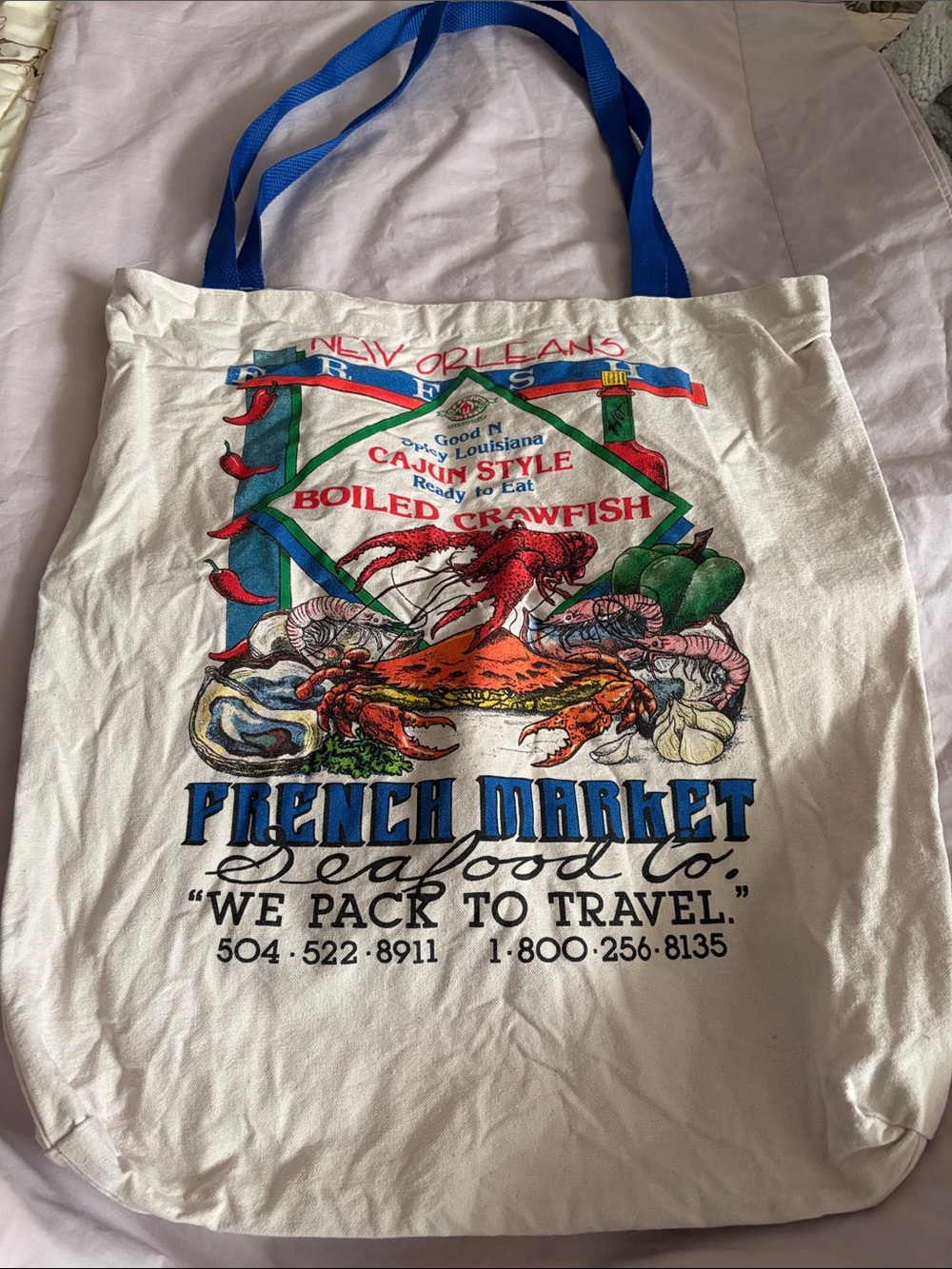French Market Seafood Co. White Tote with Blue Handles